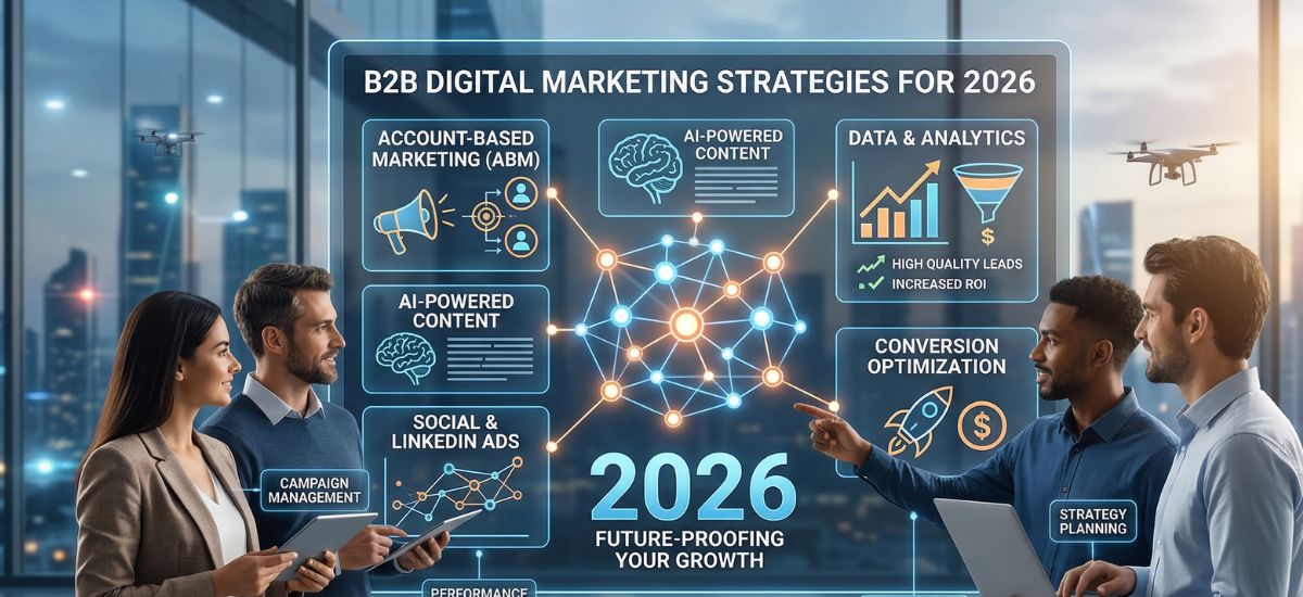 A team of marketing professionals analyzing effective b2b digital marketing strategies for 2026 on a futuristic dashboard.