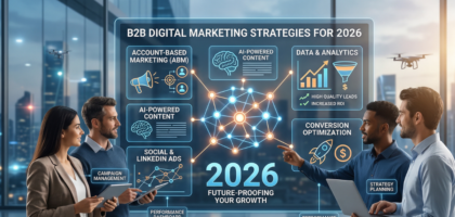 A team of marketing professionals analyzing effective b2b digital marketing strategies for 2026 on a futuristic dashboard.