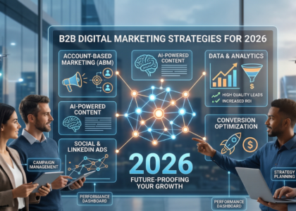 A team of marketing professionals analyzing effective b2b digital marketing strategies for 2026 on a futuristic dashboard.