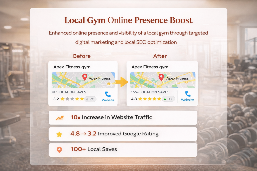 Local gym online presence boost with SEO showing increase in traffic, improved Google rating and more local saves, Our Recent Portfolio