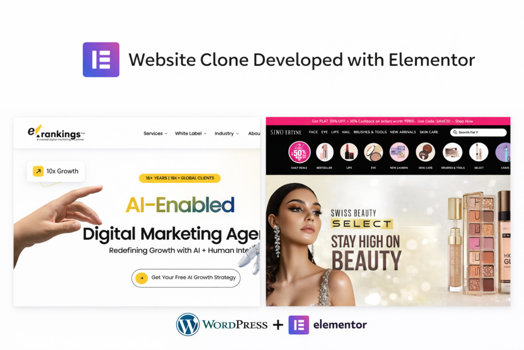 Website clone projects created using WordPress and Elementor showcasing digital marketing and eCommerce website designs, Our Recent Portfolio