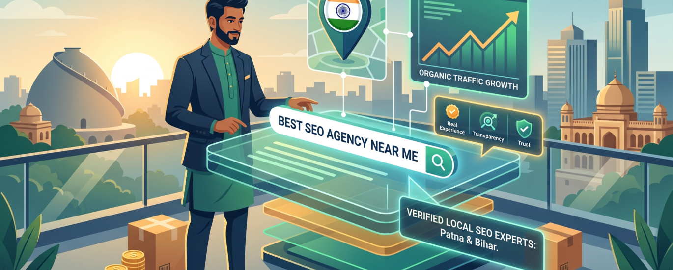 A local business owner in Patna analyzing organic traffic growth and verified experts while searching for the best SEO agency near me on a digital holographic screen.