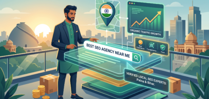 A local business owner in Patna analyzing organic traffic growth and verified experts while searching for the best SEO agency near me on a digital holographic screen.