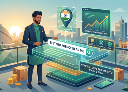 A local business owner in Patna analyzing organic traffic growth and verified experts while searching for the best SEO agency near me on a digital holographic screen.