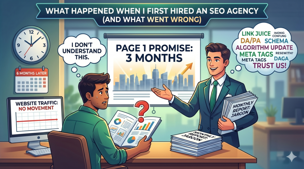 A confused business owner looking at jargon-filled monthly reports from an SEO agency that falsely promised page one Google rankings in three months.