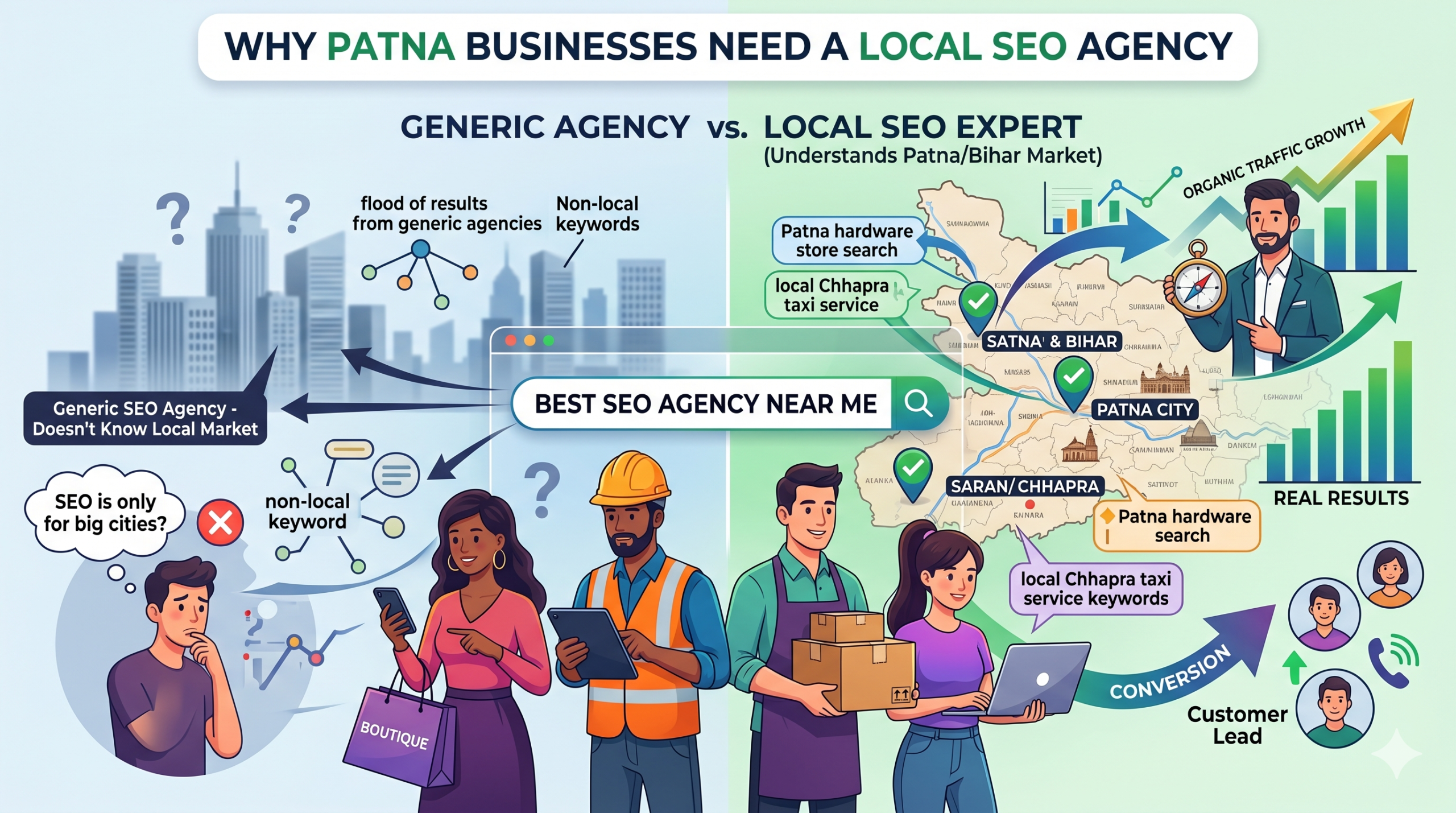 Infographic comparing a generic SEO agency that doesn't know the local market with a local SEO expert who understands Patna and Bihar search behavior to drive real results.