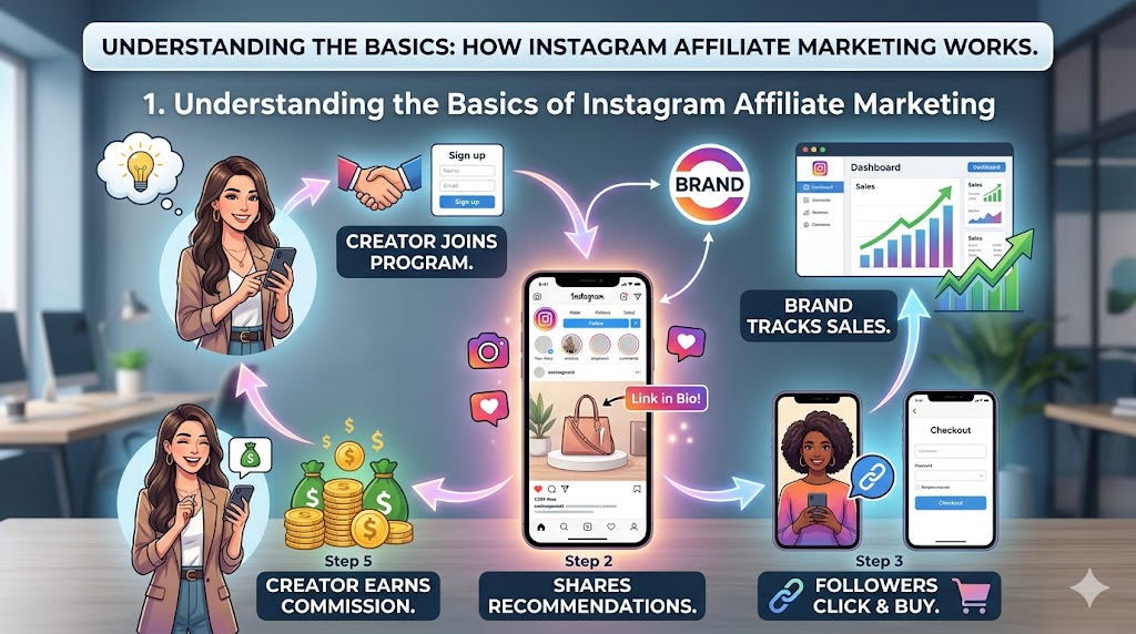An infographic explaining how Instagram affiliate marketing works in 5 steps: Creator joins program, shares recommendations (Link in Bio), followers click & buy, brand tracks sales, and creator earns commission.