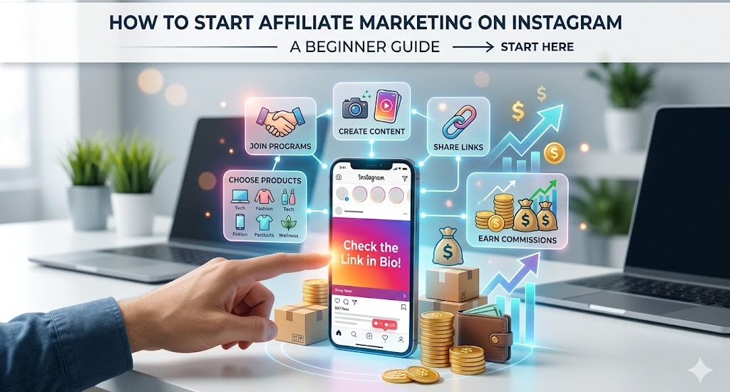 A complete visual guide showing beginners the exact steps to start affiliate marketing on instagram, including joining programs, creating content, and earning commissions.