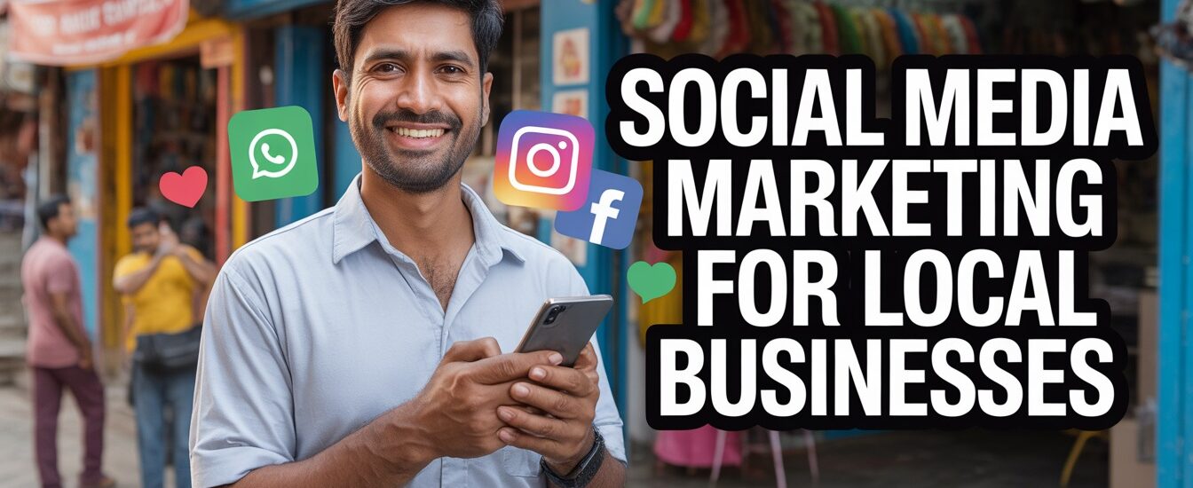Social media marketing for local businesses showing a local shop owner using smartphone with Instagram Facebook and WhatsApp icons