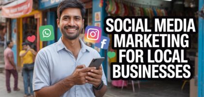 Social media marketing for local businesses showing a local shop owner using smartphone with Instagram Facebook and WhatsApp icons