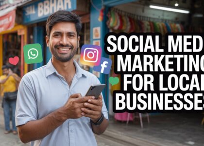 Social media marketing for local businesses showing a local shop owner using smartphone with Instagram Facebook and WhatsApp icons