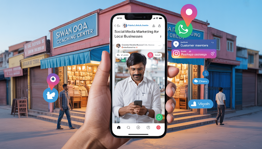 Social media marketing for local businesses showing a shop owner using smartphone with customer engagement and social media notifications