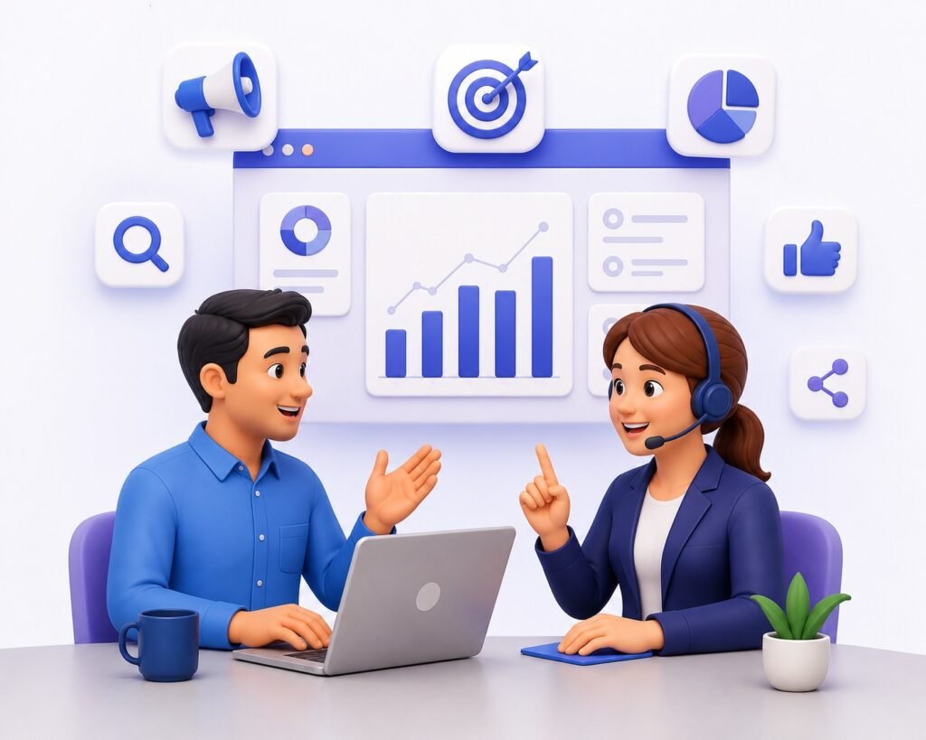 3D customer support illustration for the Leadsmart FAQ section showing a digital marketing consultation.